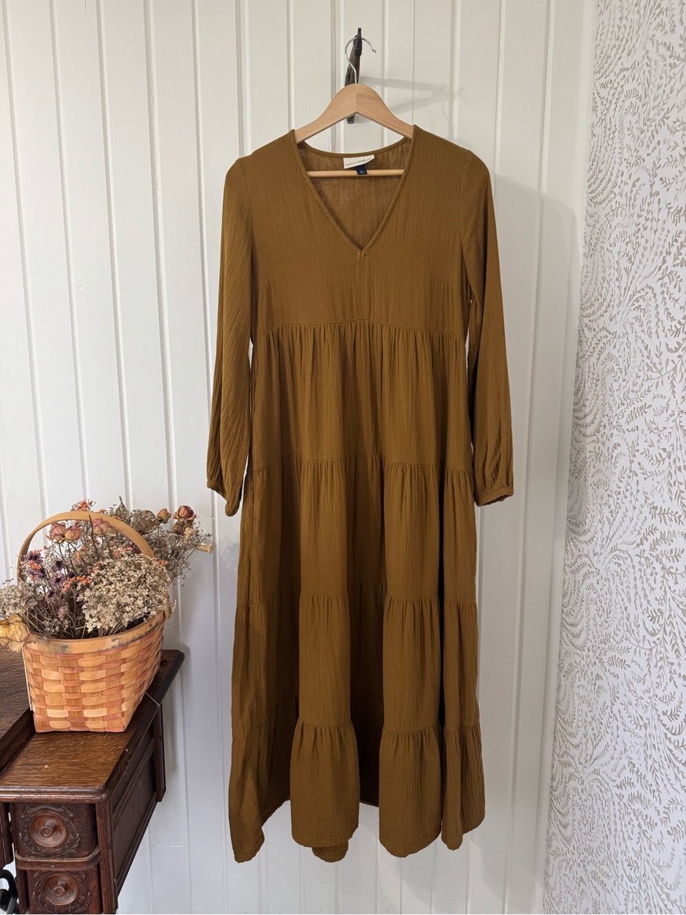 100% Cotton Ochre Tiered Maxi Dress Boho Prairie XS